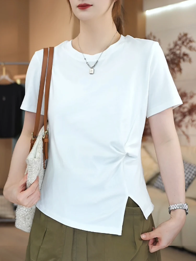 เสื้อยืดลำลองผ้าฝ้ายแท้สำหรับผู้หญิง แฟชั่นฤดูร้อน ไซส์เล็ก สไตล์เกาหลี ดีไซน์อเนกประสงค์ ความยาวไม่เท่ากัน