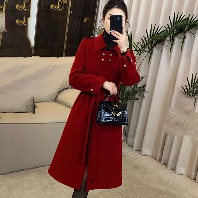 

Двубортная повседневная ветровка, женское пальто, осень-зима 2026, новый тонкий пояс, шикарный шерстяной плащ средней длины, пальто