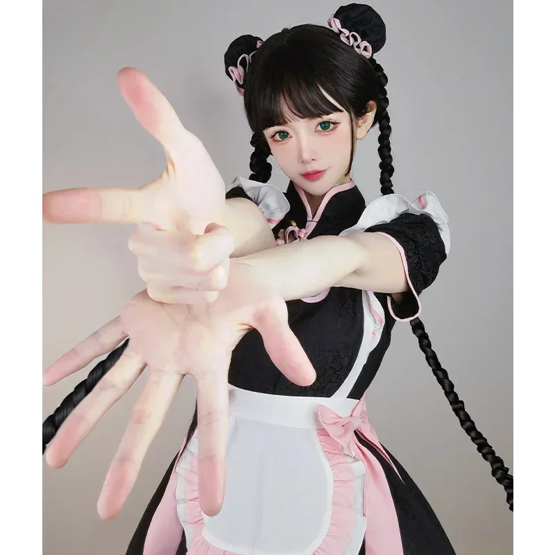 Um anime lolita chinês cheongsam vestido doce rosa kawaii empregada cosplay traje festa palco garçonete role play gato menina unifo