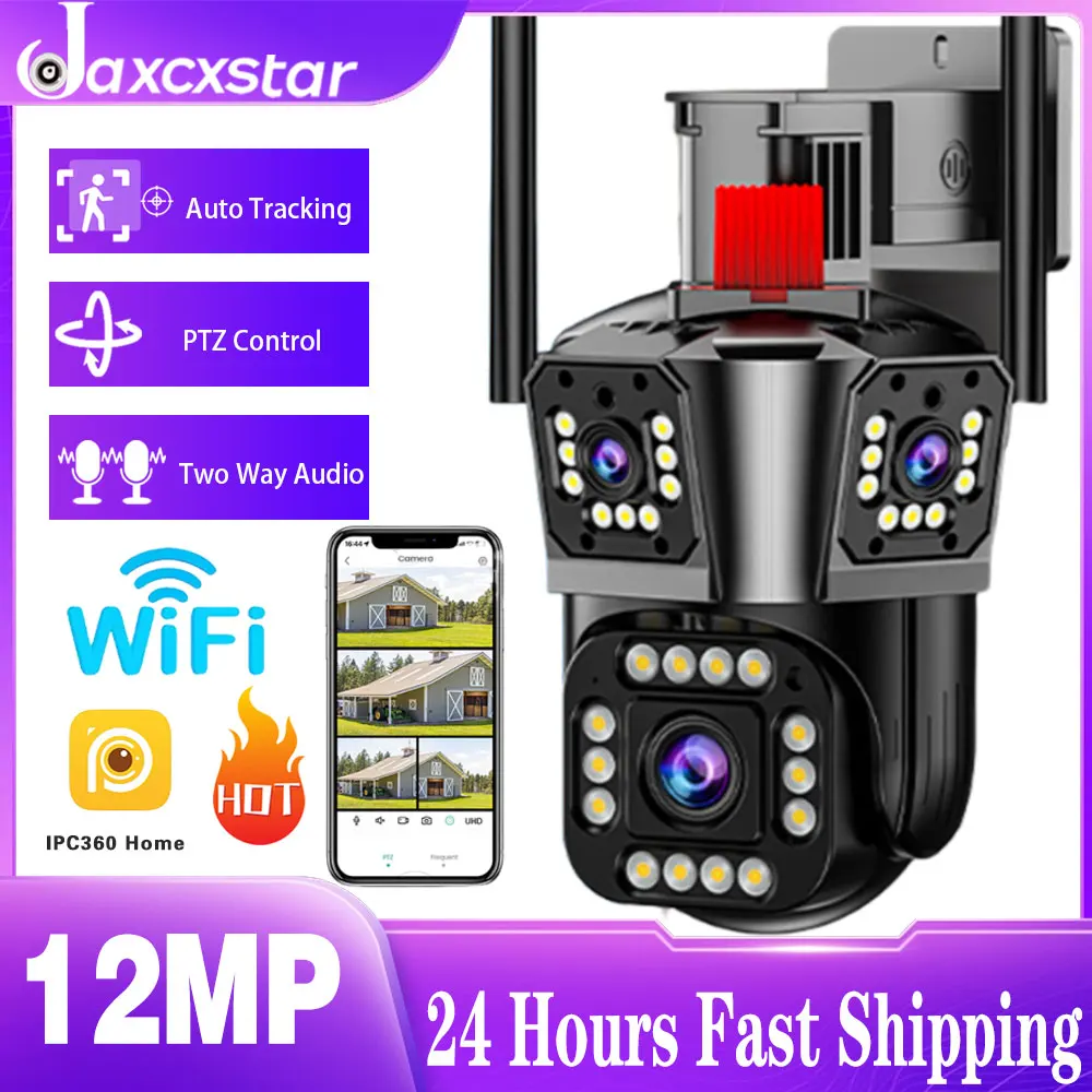 

12MP HD WiFi IP Triple Lens 3 Screen PTZ Camera Home Surveillance 6K Outdoor WiFi Security CCTV Network Cameras