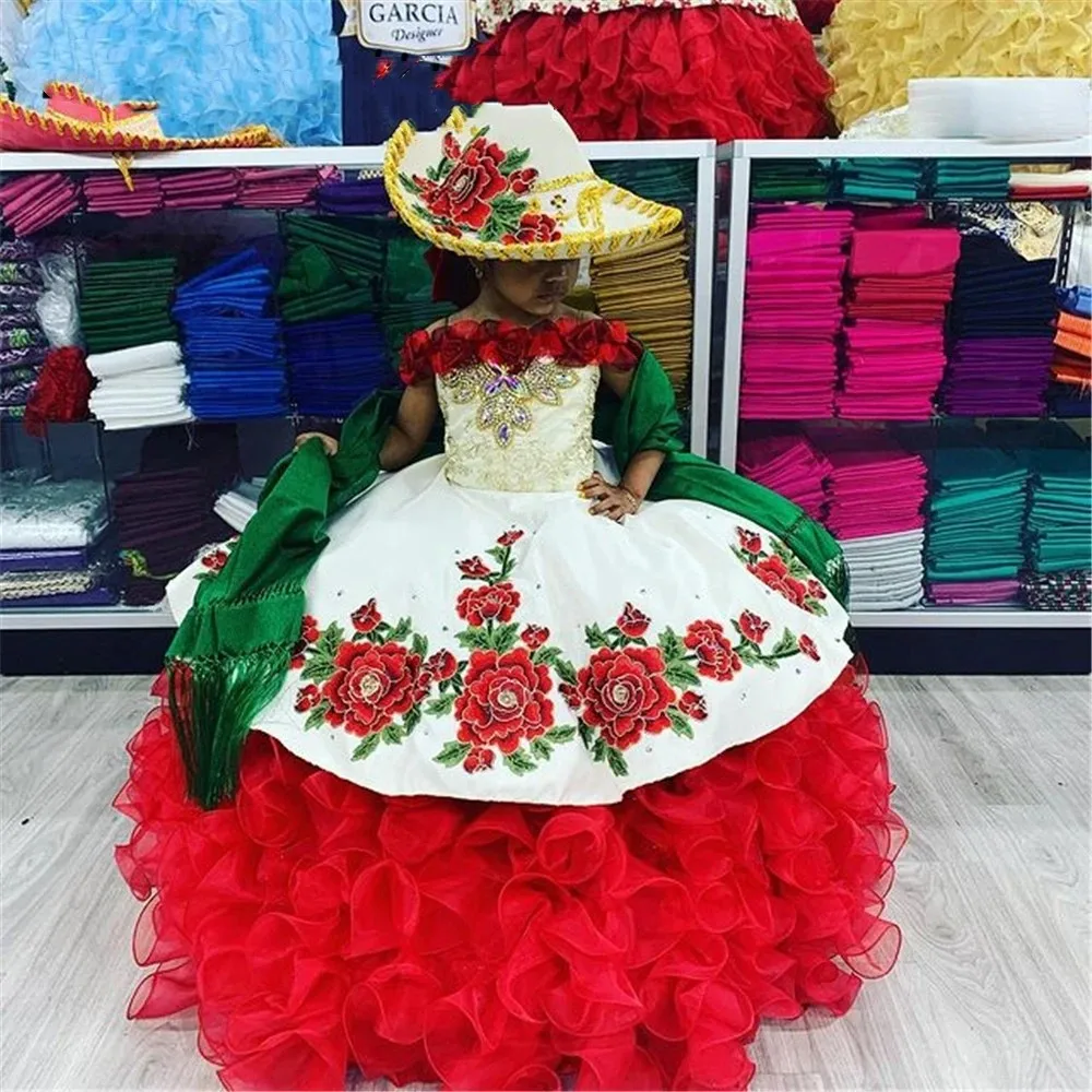 Rote Mini Quince anera Kleider Ballkleid Organza Rüschen Applikationen Blumen mädchen Kleider für Hochzeiten mexikanischen Festzug Kleider Baby