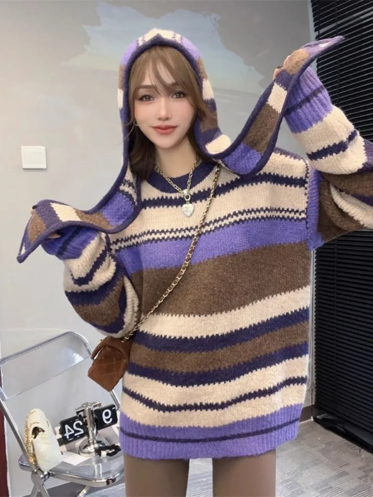 

Осень-зима, винтажный свободный вязаный пуловер с круглым вырезом, модные свитера в ленивом стиле для женщин + комплекты шарфов с капюшоном из двух предметов