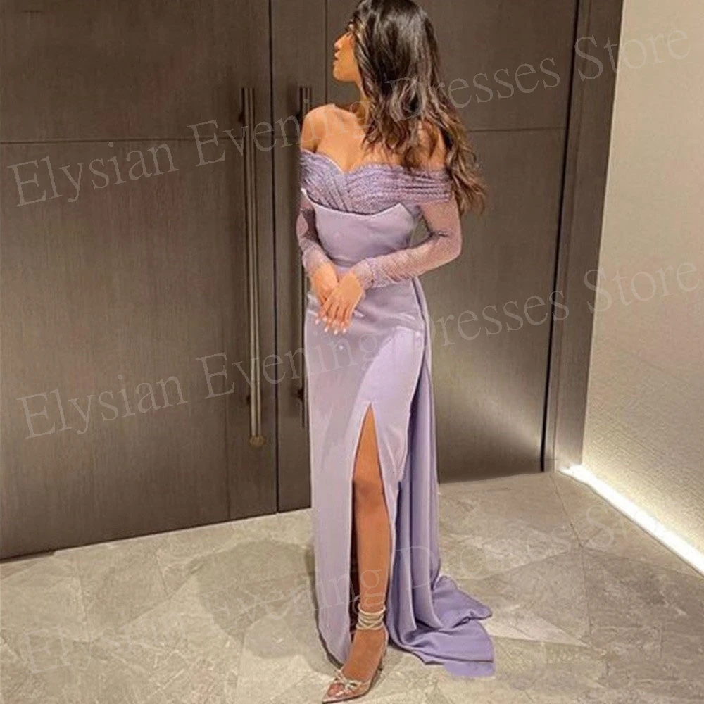 Arabia 2024 Graceful Purple Women's Mermaid Modern Evening Dresses Elegant Off The Shoulder Long Sleeve Prom Gowns Side Split