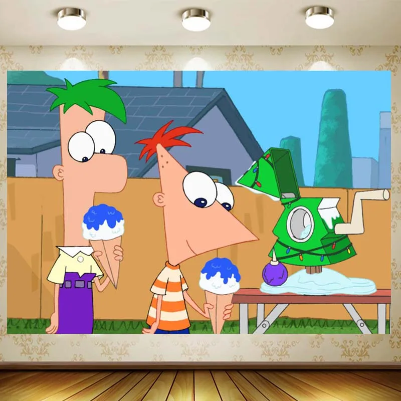 Cartoon Phineas and Ferb Kids Birthday Party Backdrop Supplies Baby Shower Photography Banner Photo Background For Table Decor