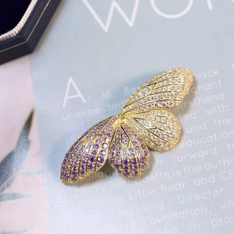 Butterfly Brooch For Women Fine Jewelry 925Silver With Zircon for Hat Suit Gift Free Shipping Gold And Purple color