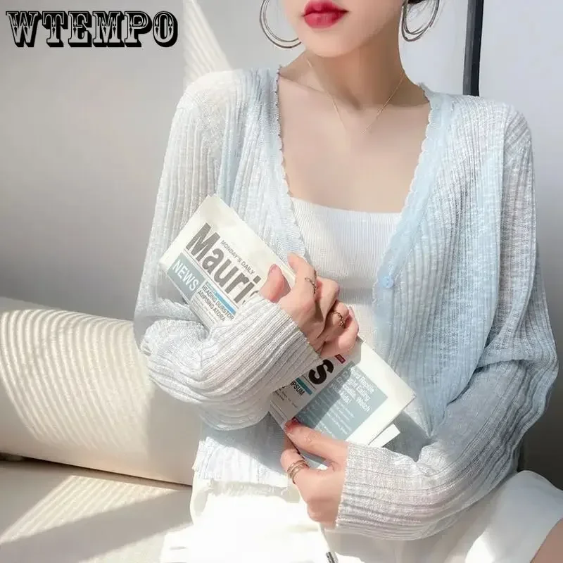 WTEMPO Ice Silk Knitted Sunscreen Cardigans Women\'s New Summer Thin Shawls Button Smock Solid Short Air Conditioned Shirts Coats