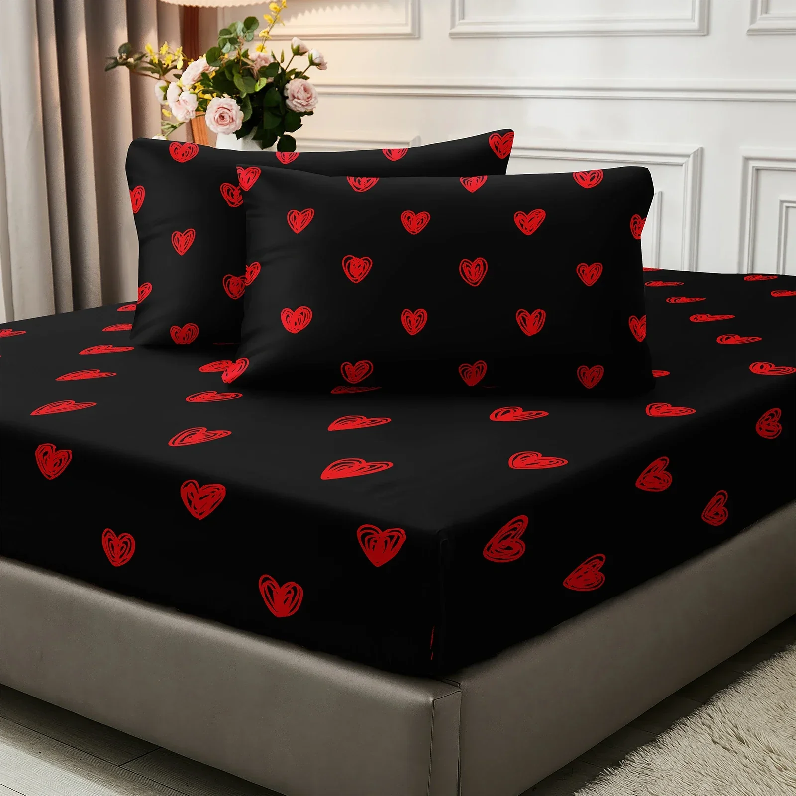 3PCS Red and Black Digital Fitted Sheet Ultra Soft Premium Microfiber Crown Bed Sheet Love Shape Sheets Fitted Bed Sheet