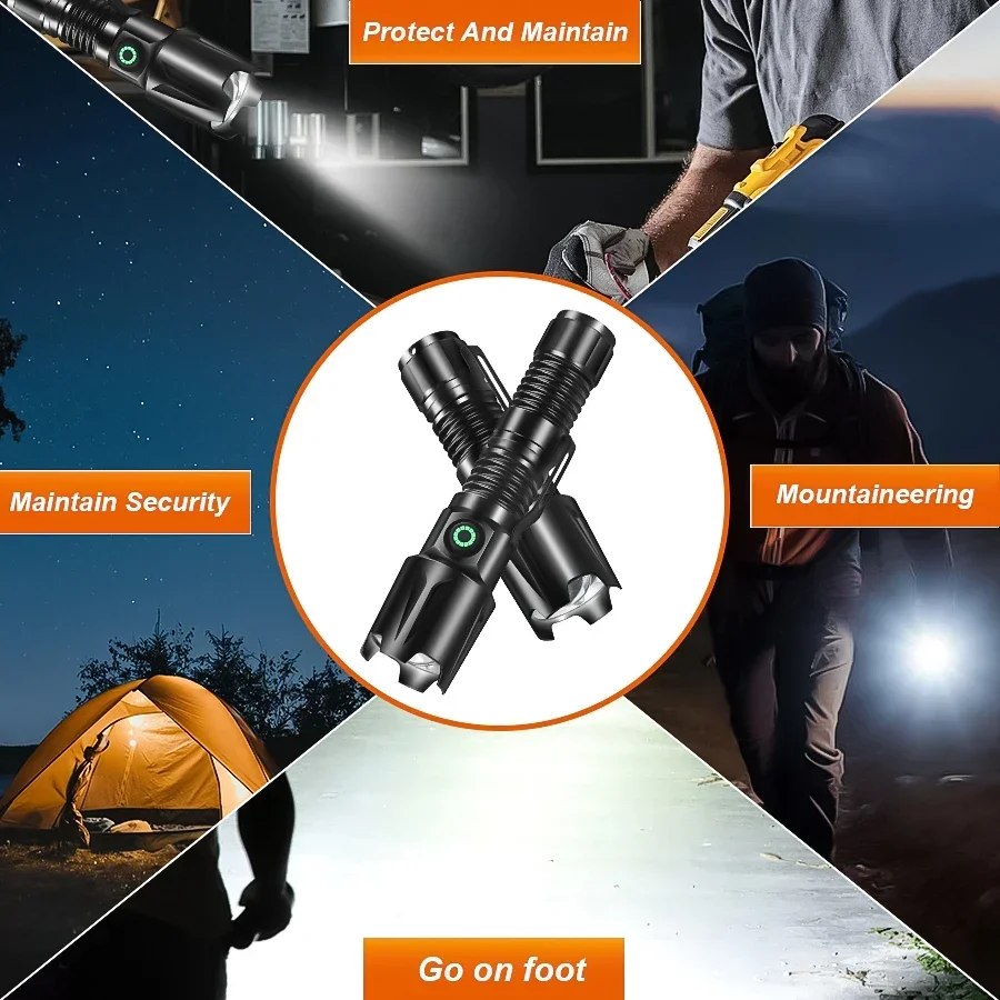 Tactical Flashlight Rechargeable Zoomable XHP50 LED IPX6 Waterproof 5 Modes Type-C Aluminum Alloy Portable for Outdoor Camping
