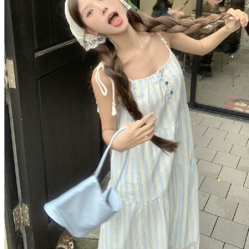 여름 바캉스 슬리블루 스트라이프 루즈 A라인 미디 드레스 여성 비치 휴가 바람 드레스 미들 웨이스트 노벨 폴리머 노 슬리...