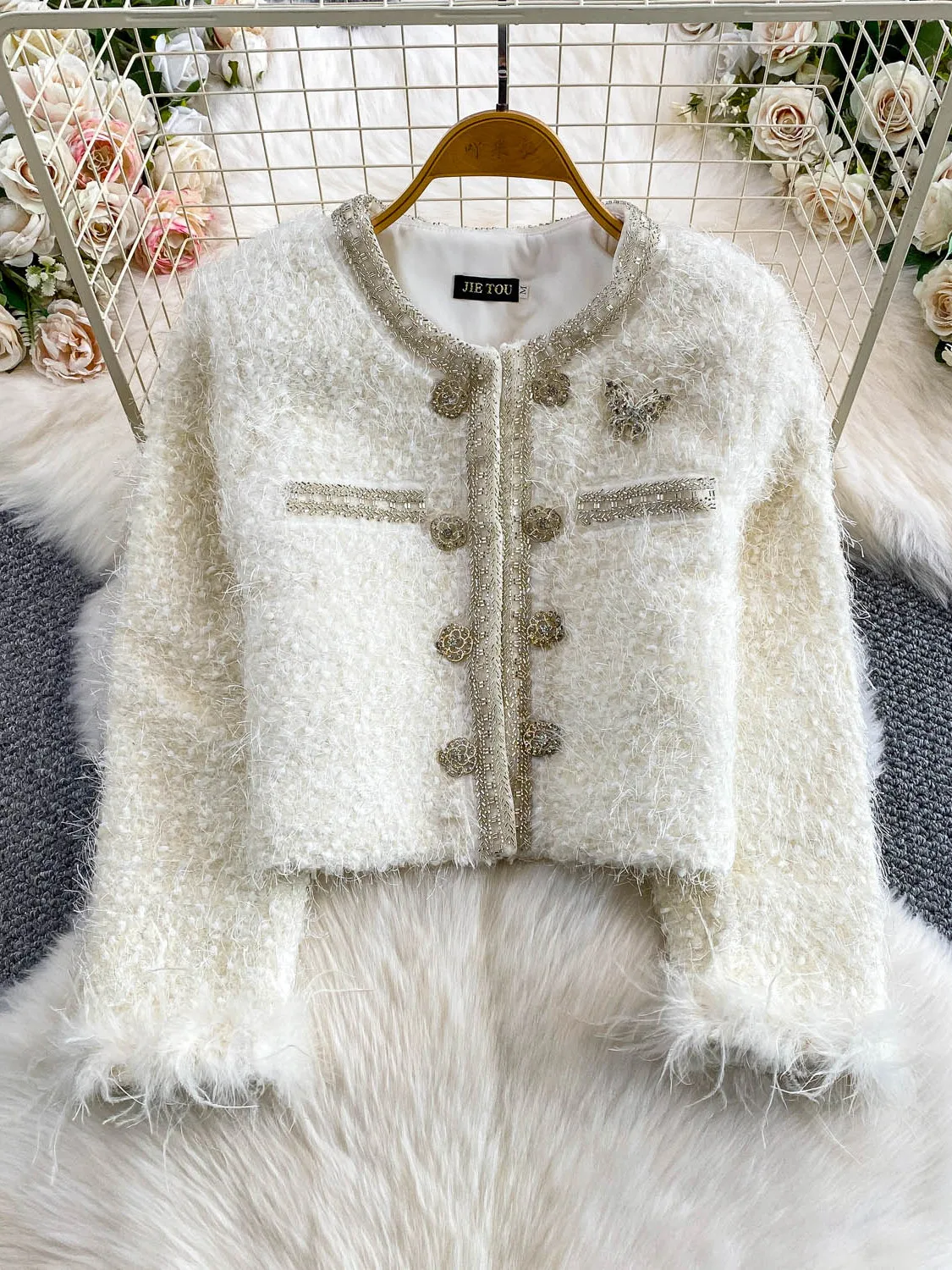  Embroidered Bead Diamond Patchwork Fringe Sve Outerwear ort Skirt Two-Piece Set Winter Faion Youthful Sle