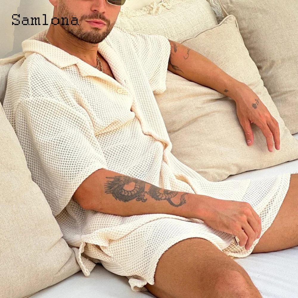 

Mens Casual Beach Two Piece Sets 2025 Summer Notched Shirts and Baggy Shorts Co-ords Male Vintage Knitting Tracksuits Set New