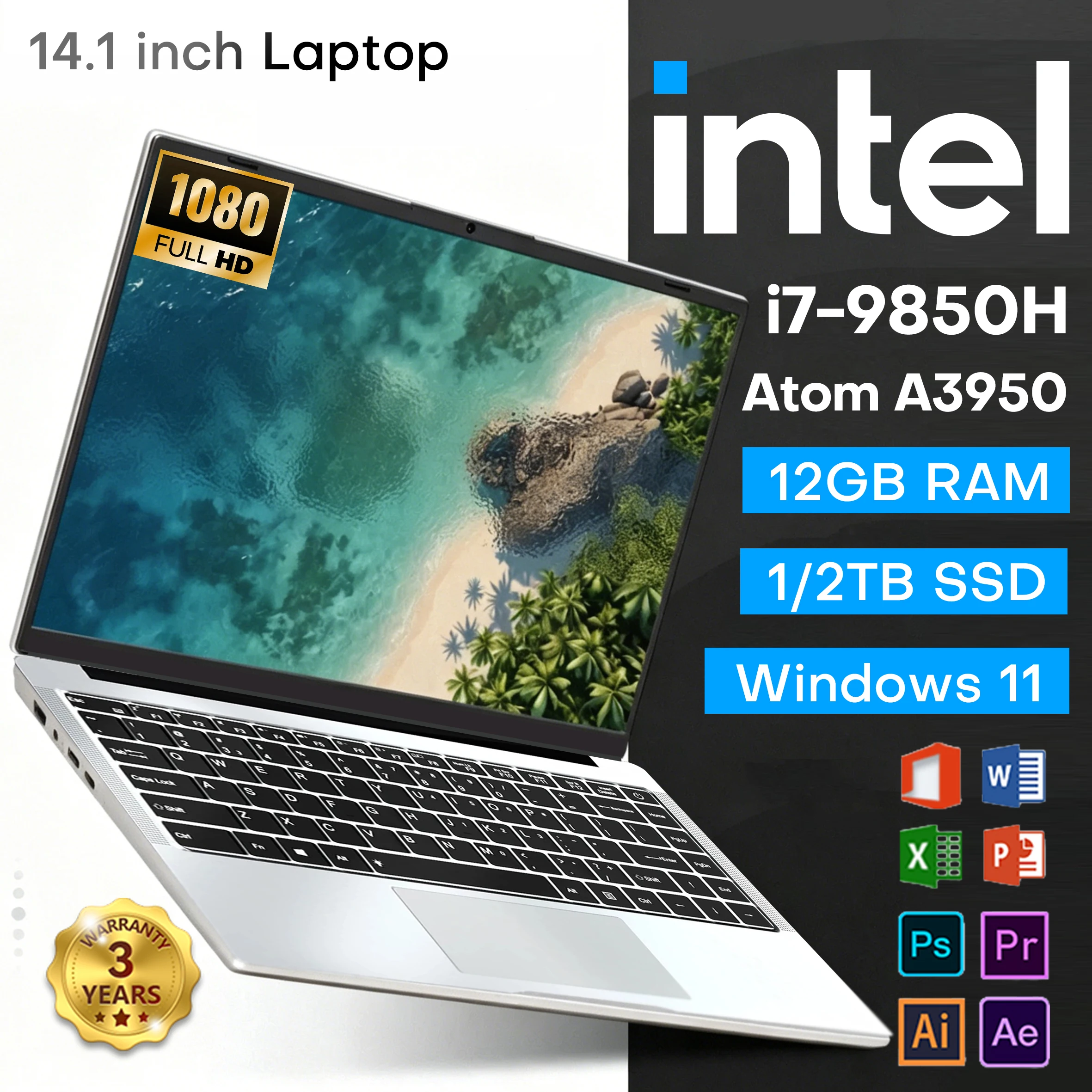 Nuevo portátil Intel Core i7-9850H Atom A3950, portátil con Windows 11 Pro, 12 GB de RAM, 1 TB/2 TB SSD M.2, pantalla de 14.1 pulgadas, ordenador para oficina y estudio.