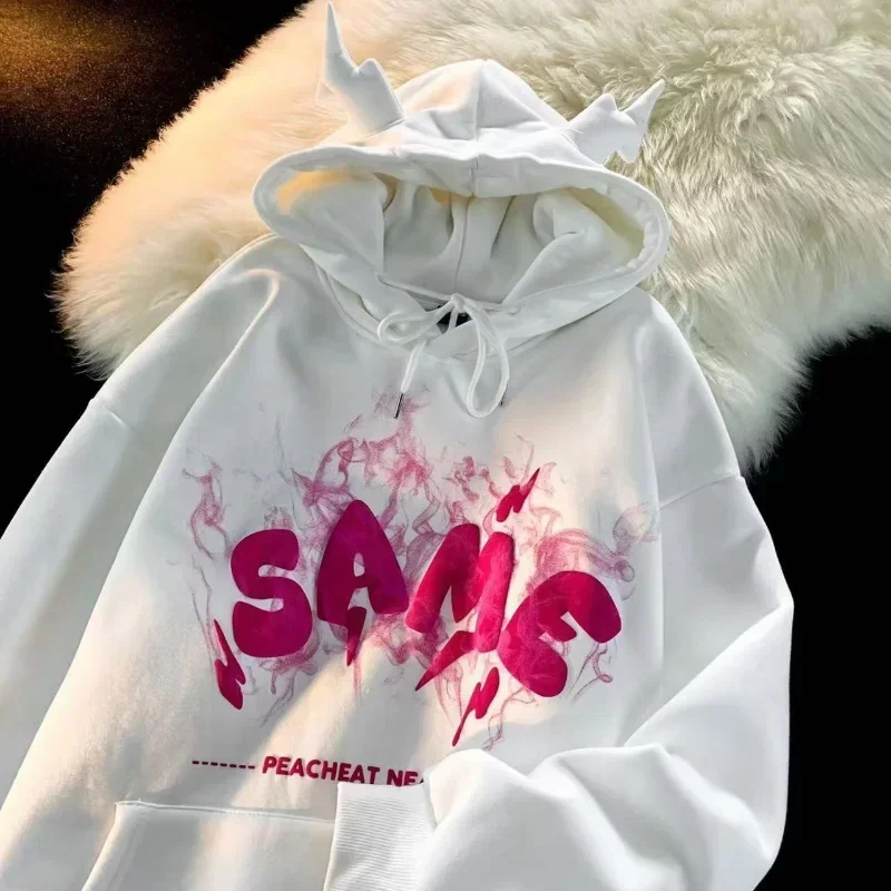 Ears Hoodies Sweatshirt Women Graffiti Monster Bubble Anime Long Sleeve Harajuku Goth Oversized Thick Pullover Goth Hoodies Y2k