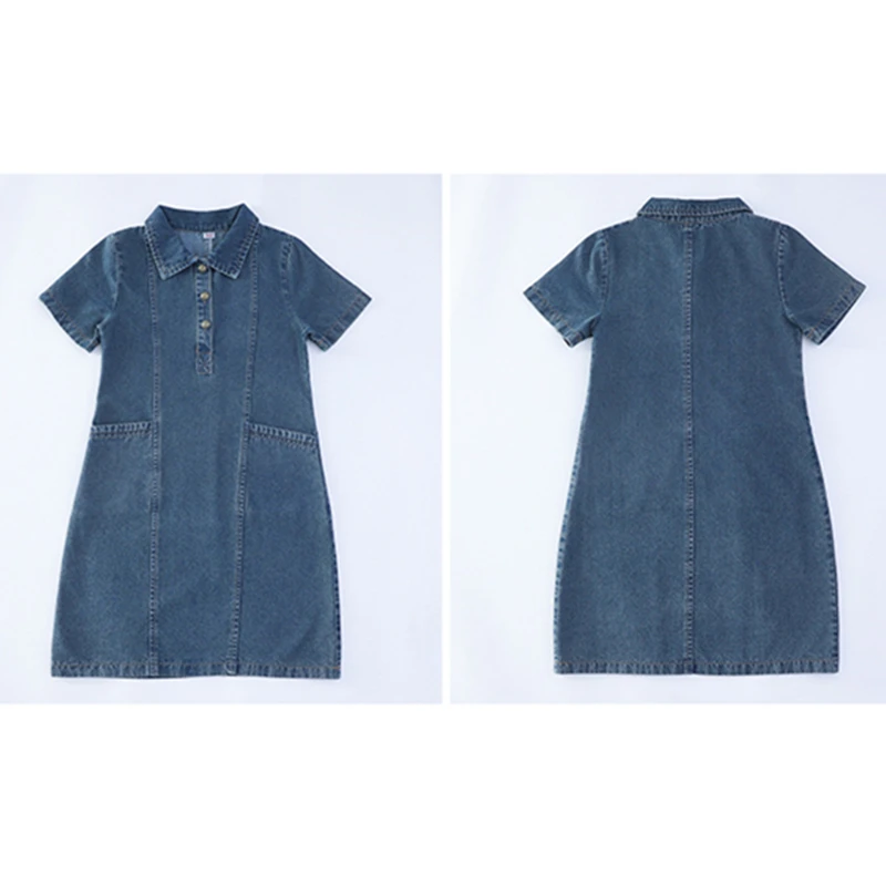 فستان أطفال عتيق بياقة مقلوبة باللون الأزرق من قماش الدنيم للفتيات ملابس صيفية للشارع فستان سادة على الموضة للأطفال في الجينز بعمر 5-14 سنة