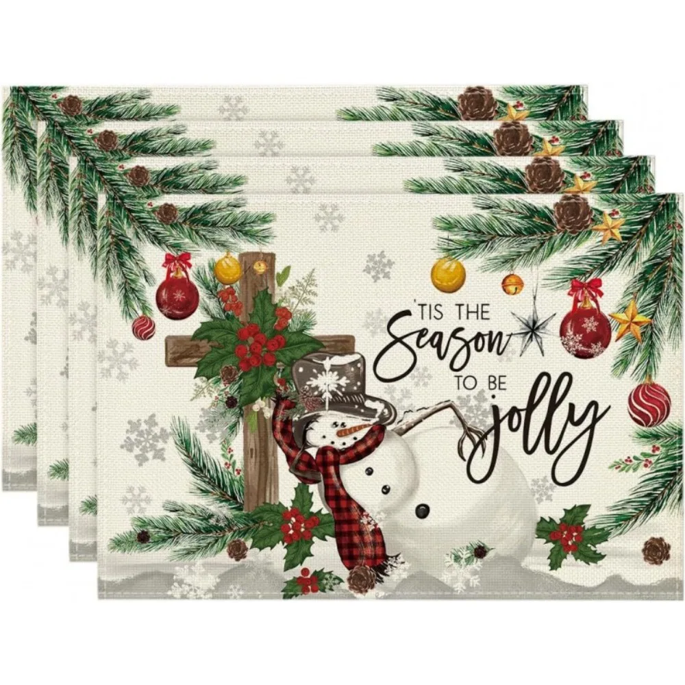 4Pcs Kitchen Supplies Linen Material Christmas Placemat Rectangular Heat Resistant Table Mat Non Slip Tableware Pad Party