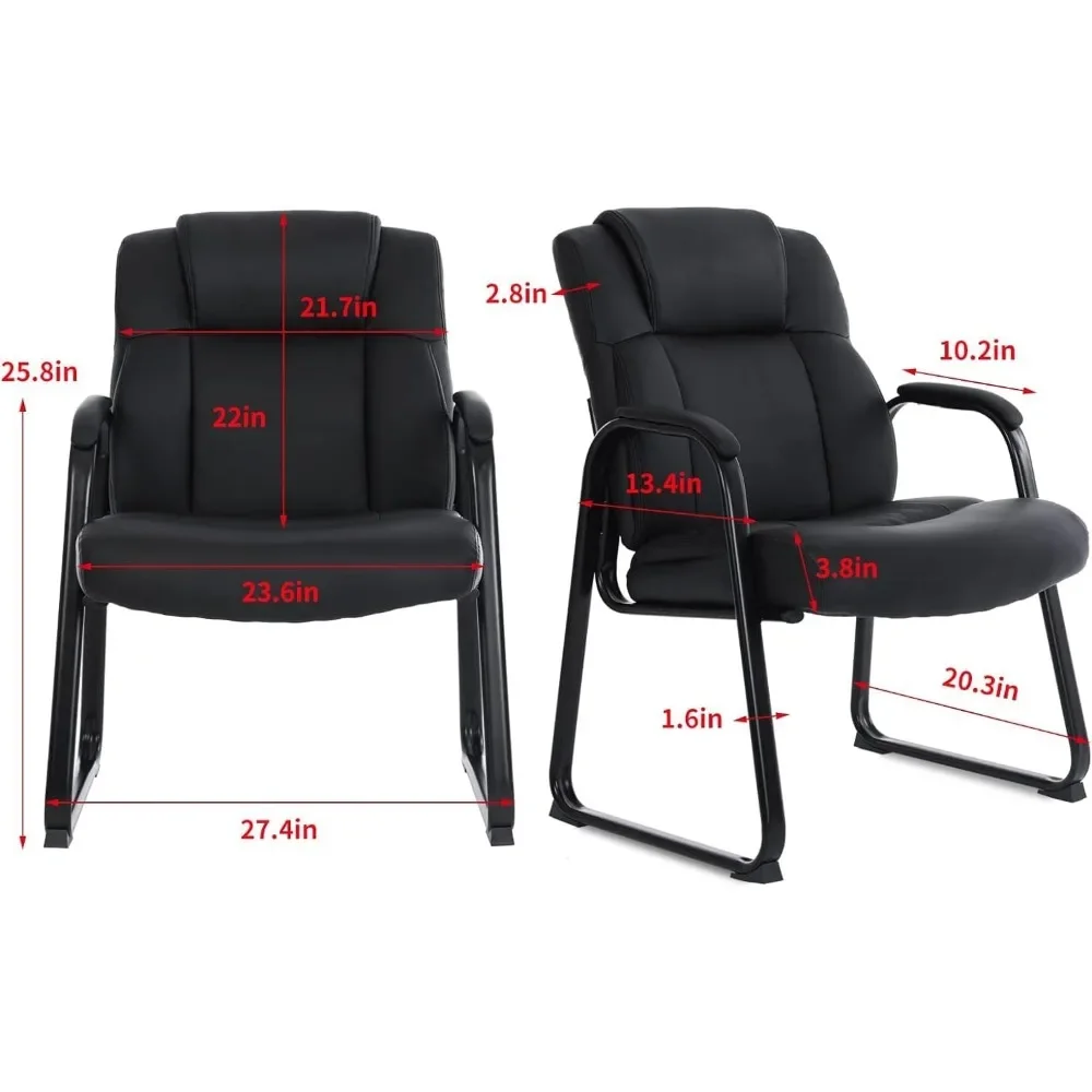 Silla de oficina grande y alta, silla de recepción de cuero de 400 libras con reposabrazos acolchado unido, asiento ancho, base de trineo, silla de escritorio sin ruedas