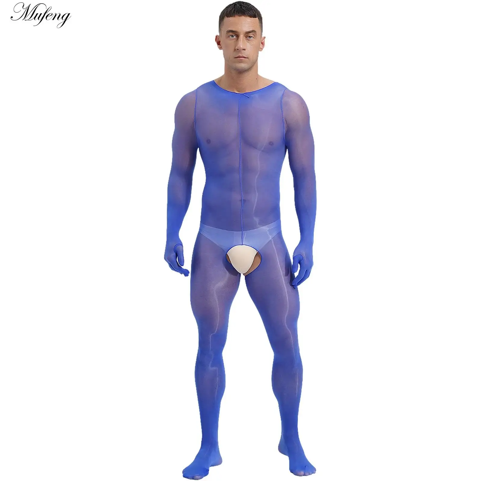 

Sexy Mens Glossy Bodystockings See-through Full-body Bodysuit Long Full Finger Gloves Teddies Jumpsuit Unitard Spicy Nightwear