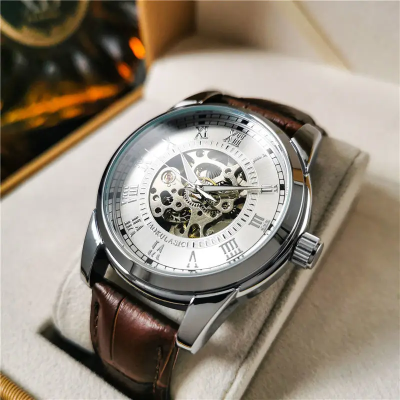 Elegant Men's Automatic Mechanical Watch with Skeleton Design - Leather Strap, Roman Numeral Dial, Automatic Movement, Perfect for Business and Casual Wear, Ideal Gift for Young Men, Business Casual Men's Watch | Skeleton Watch with Hollow Design | Durable Watch, Watch Accessories, No Battery view 6