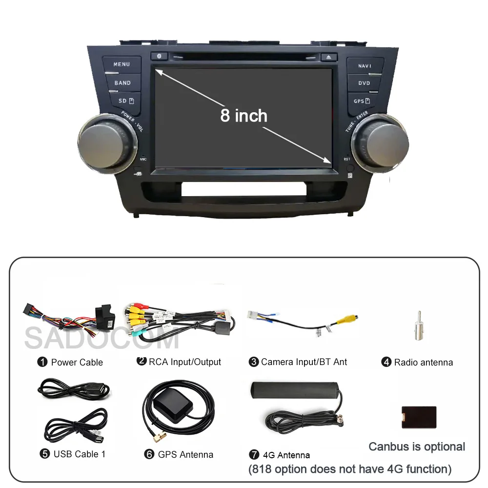 8 "اللاسلكية Carplay أندرويد 14.0 12G + 256G 8Core GPS مشغل راديو السيارة الوسائط المتعددة واي فاي لتويوتا هايلاندر 2009 2010 -2014