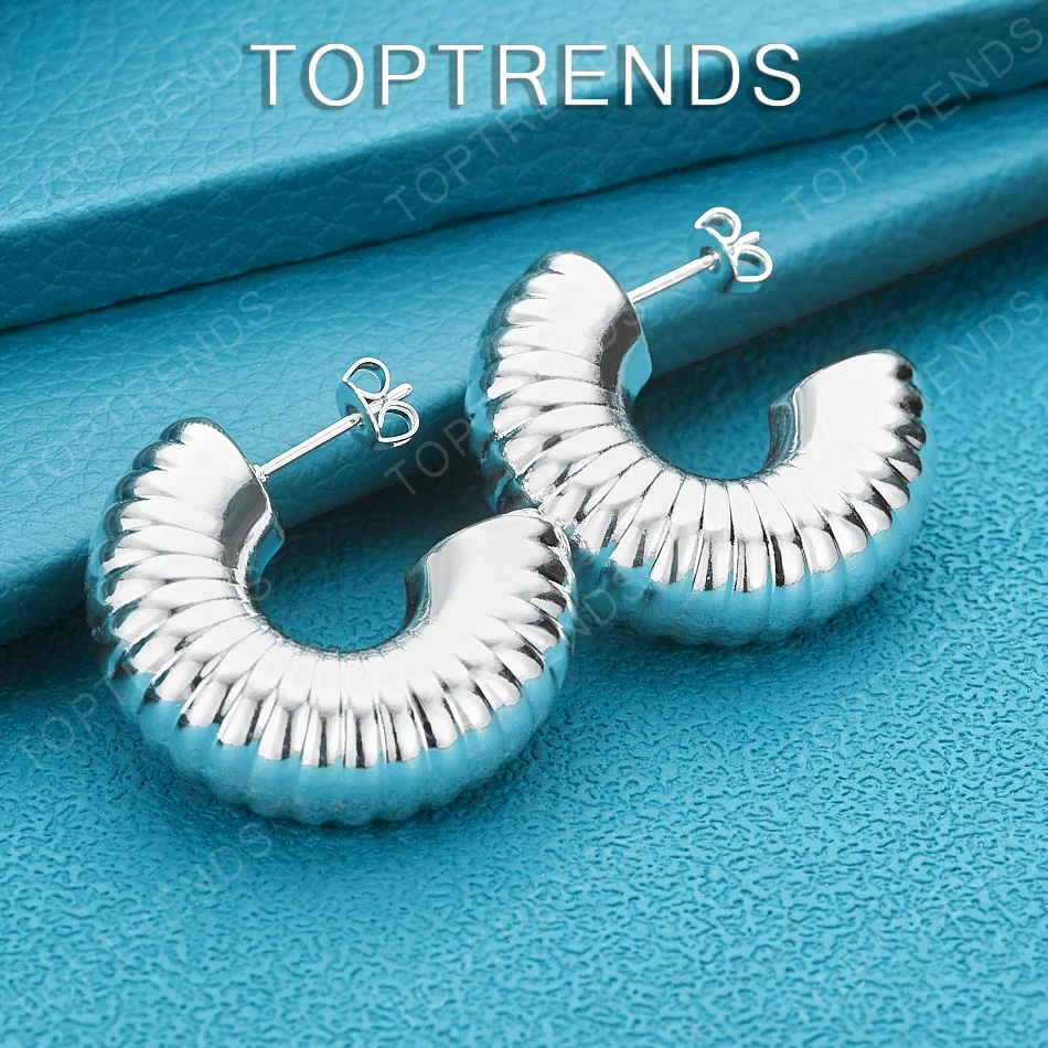 925 Sterling Silver Threaded Half-Round Stud Earrings Vintage Fashion Jewelry Women Birthday Christmas Party Gifts Accessories