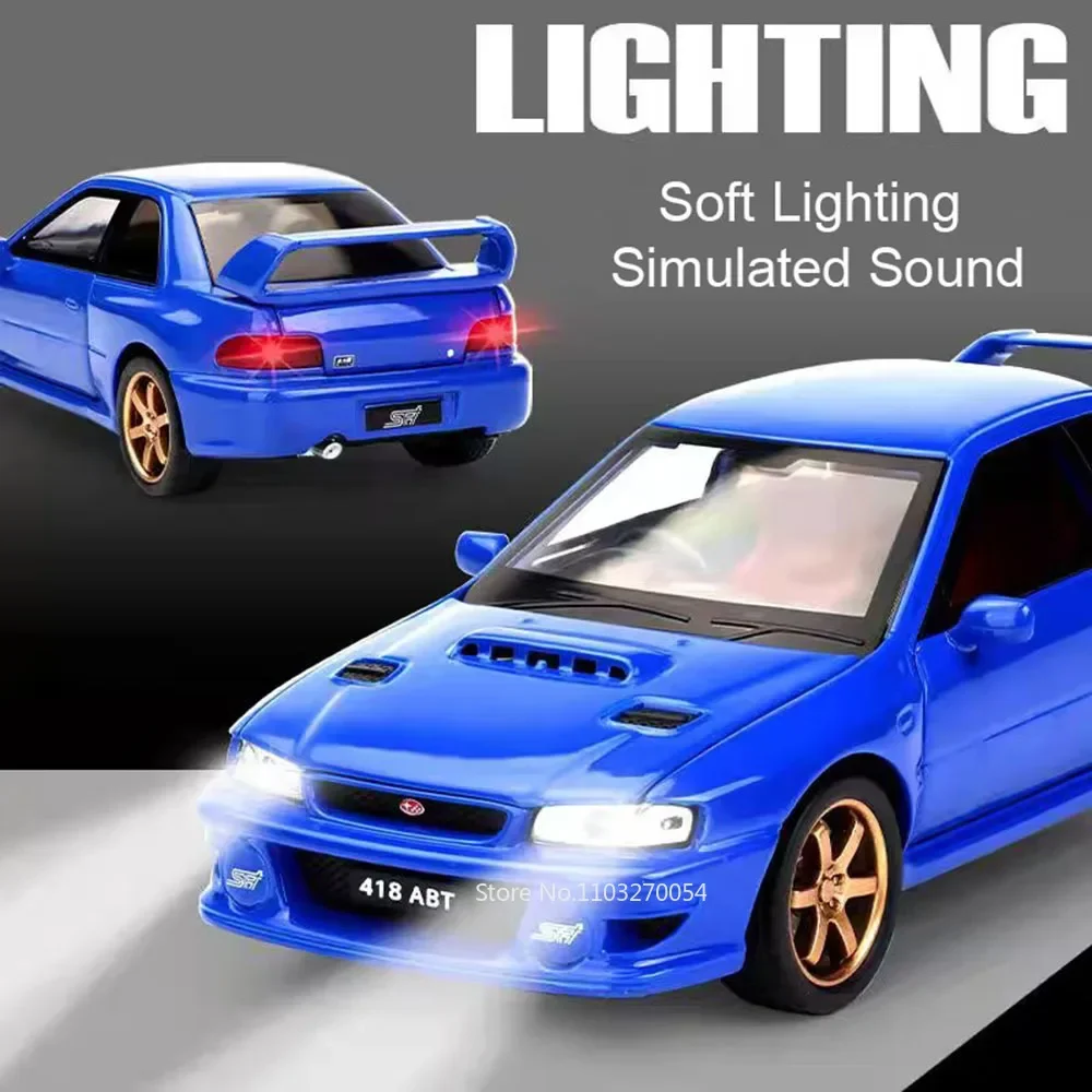 1:32 subaru impreza modelo em miniatura liga diecast carro brinquedos com luz sonora puxar para trás portas abertas brinquedo presente de natal das crianças