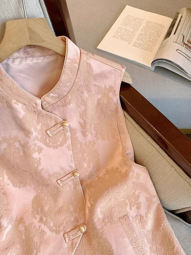 

Pink Embroidered New Chinese Sle Waistcoat Men's Svel Top with Button Design Slimming Gentle Versatile Spring Autumn