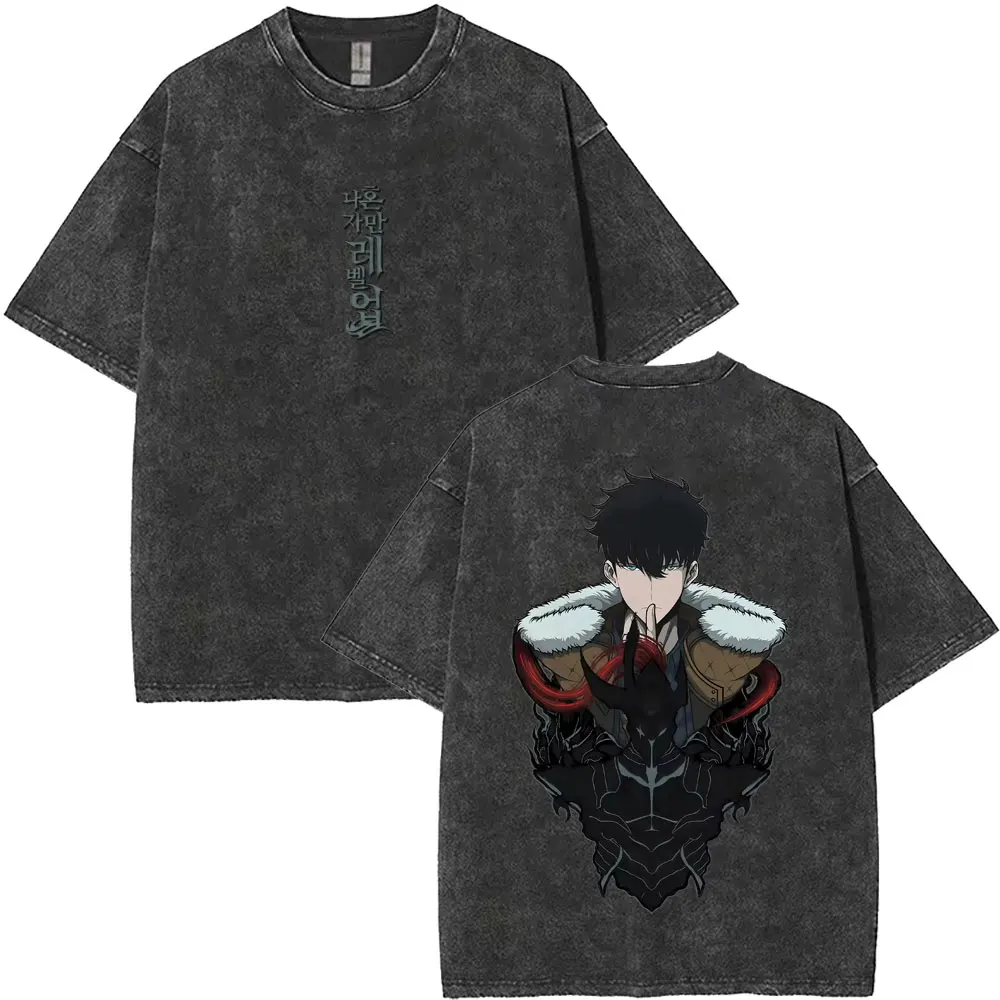 

Hot Sale Anime Solo Leveling Sung Jin Woo Shadow Monarch V2 Washed Vintage T Shirts Men Women Clothing Casual Oversized T-shirt