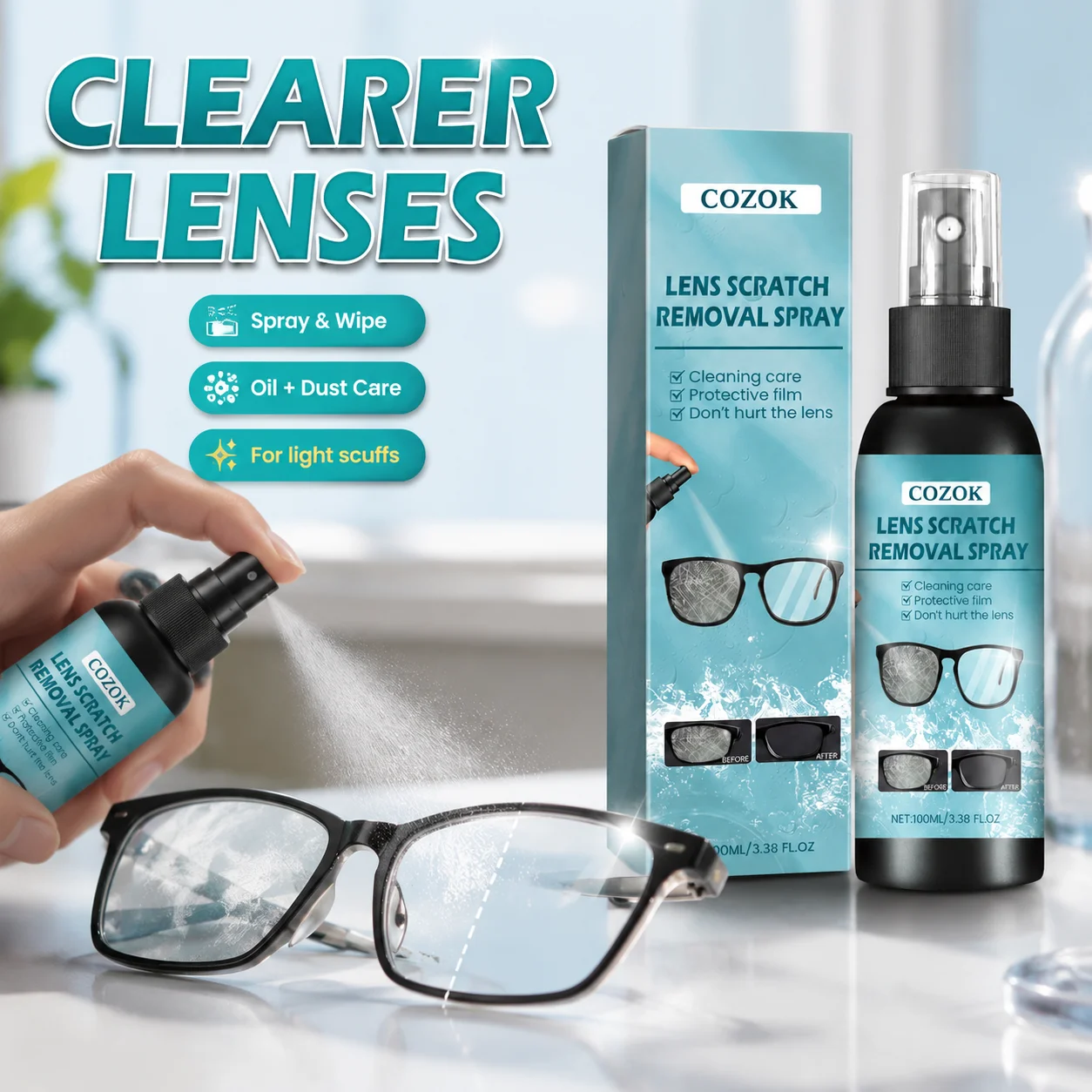 Lens Scratch Remover, Glasses Scratch Repair Spray, Eyeglass Lens Cleaner & Restorer, Remove Scuffs Scratches Blur, Quick Cleaning Solution for Eye Glasses, Optical Lens Care Tool