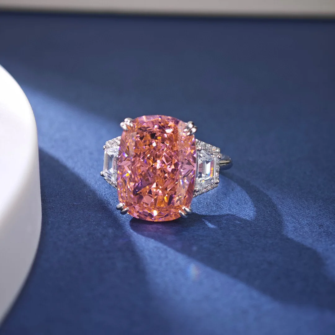 Luxury white gold solid platinum PT950 Women's long pillow-shaped ice flower cut pink diamond ring