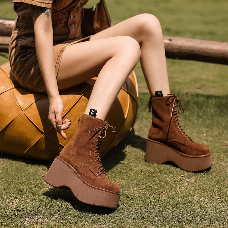 2024 New Autumn Women Boots Cow Suede Shoes for Women Round Toe Lace Up Casual Platform Boots Increase Height Ladies Shoes