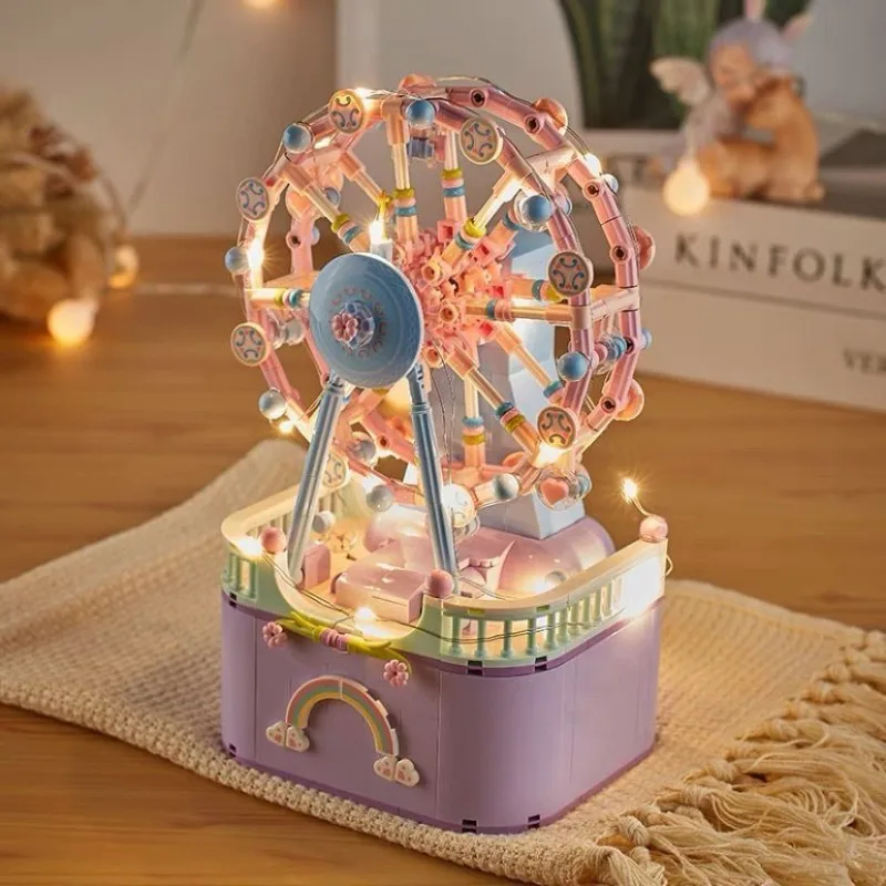 

Handcrafted Carousel & Ferris Wheel Building Block Music Box, Educational Assembly Birthday Gift