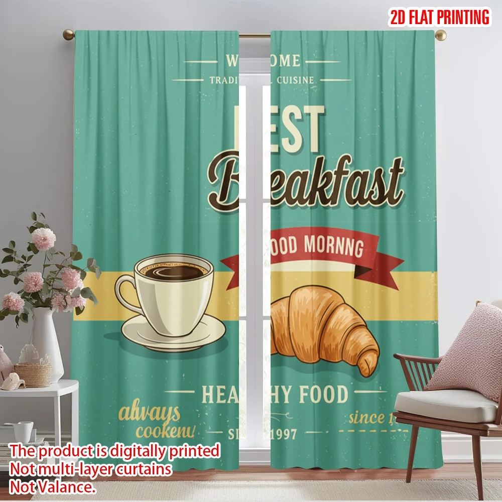 

2pcs 2D flat printing Window Curtains Breakfast Coffee Croissant Good Morning Fabric Without Electricity Festive Wall Decor for