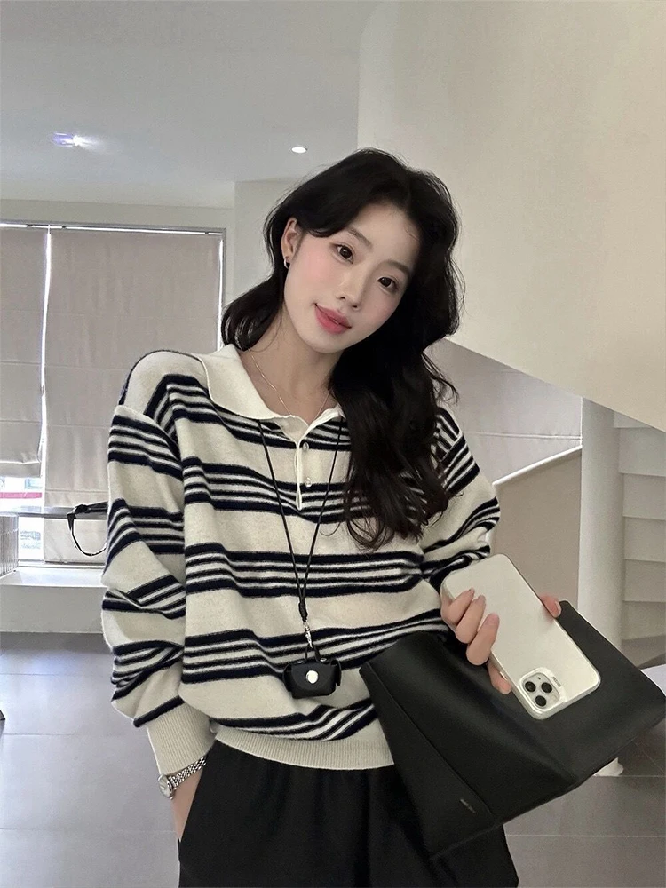 Pull tricoté ample et Long pour femme, rayé, confortable, mode coréenne, automne hiver, nouvelle collection