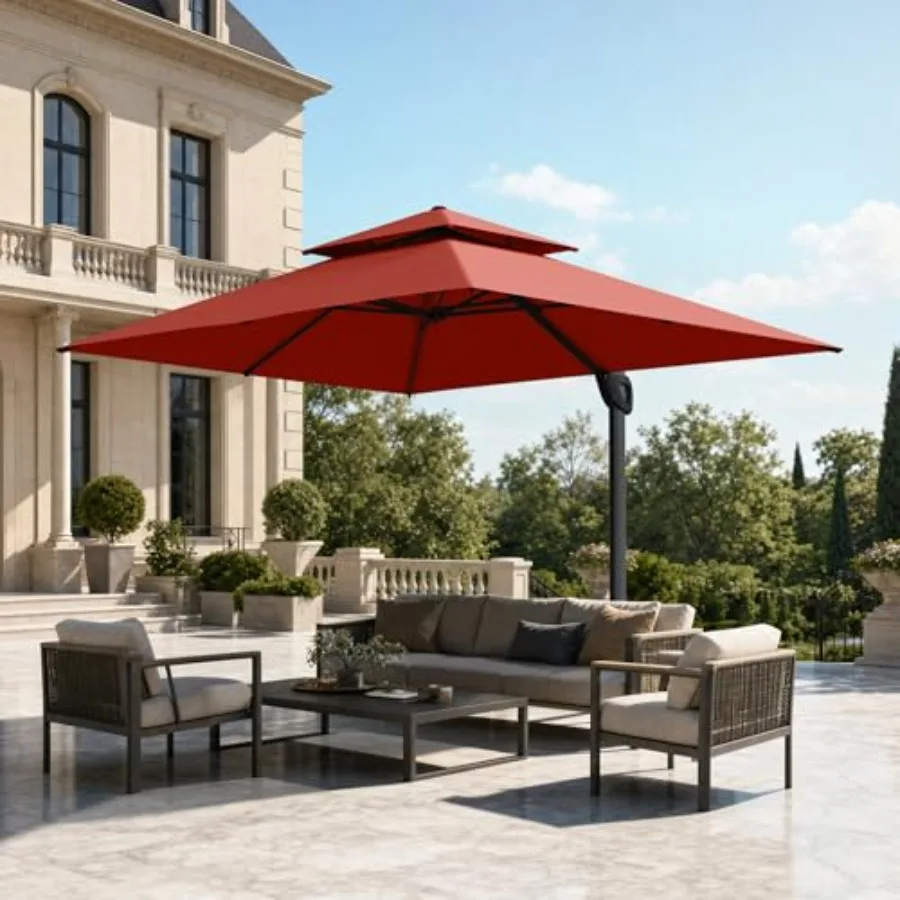 9'x12' Hydraulic Cantilever Patio Umbrella w/ 360 Rotation, aluminum frame, beige canopy, wind-resistant tilt mechanism