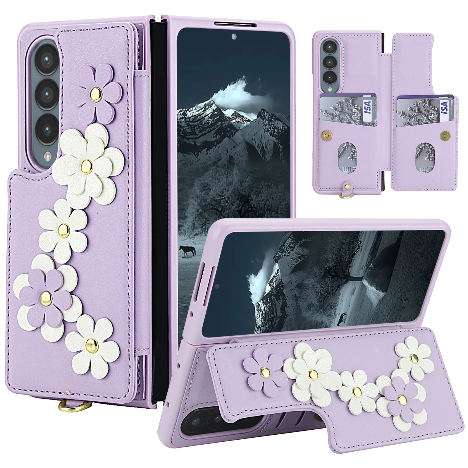 

Кожаный чехол-кошелек с 3D цветочным принтом для Galaxy Z Fold 4, 5, 6, 7, противоударный защитный чехол с ремешком на запястье