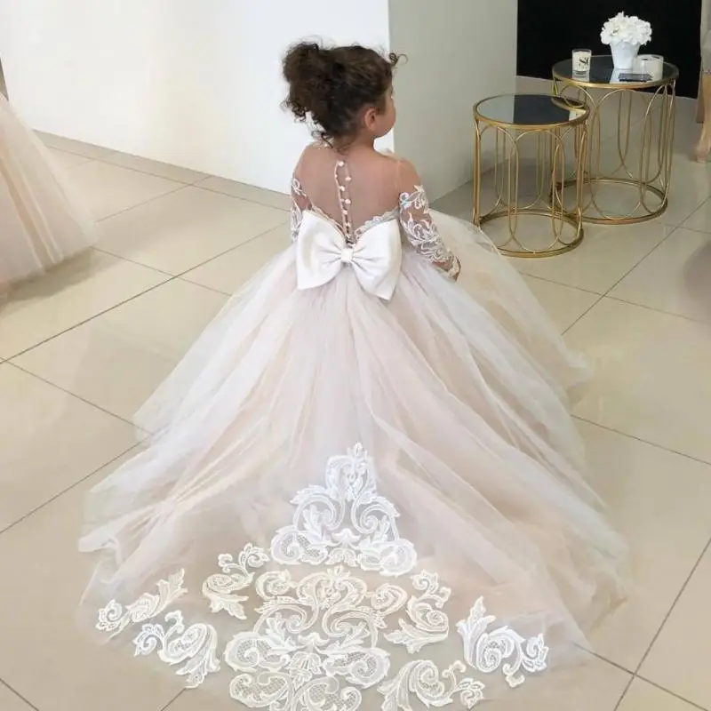 New Embroidered Pearl Butterfly Mesh Tail Long Sleeve Princess Dress for Girls Wedding Flower Girl Wedding Dress for 1-12 Years