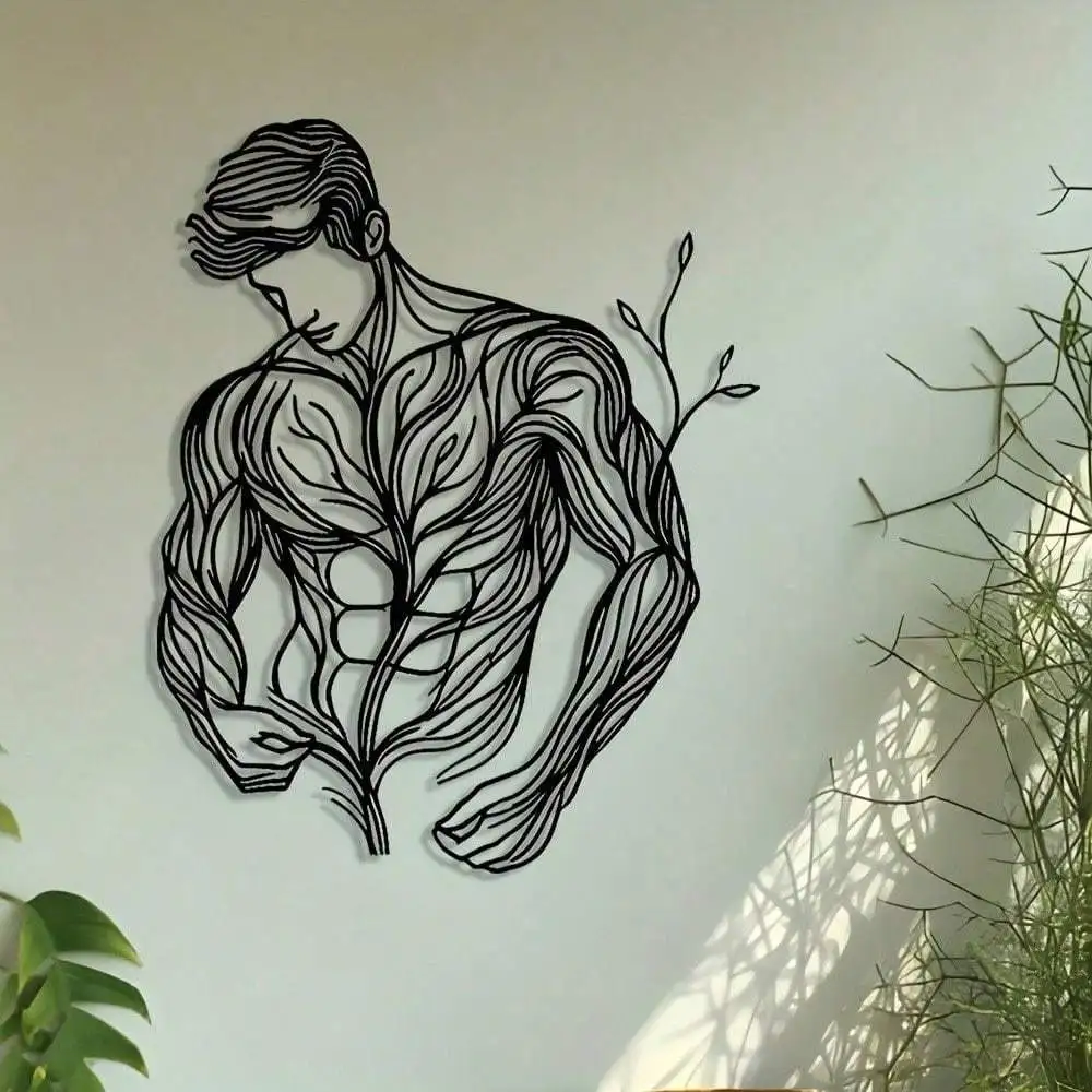 Floral Muscle Man Metal Wall Art Sculpture Black Line Art Waterproof Rustproof Home Room Holiday Decor