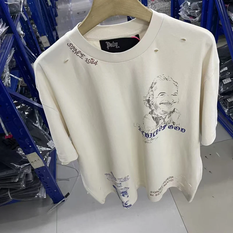 High Quality Rhinestone Paly T-shirt Loose Casual Ripped Graffiti Print Tops Breathable Cotton Apricot Short Sleeve Tee