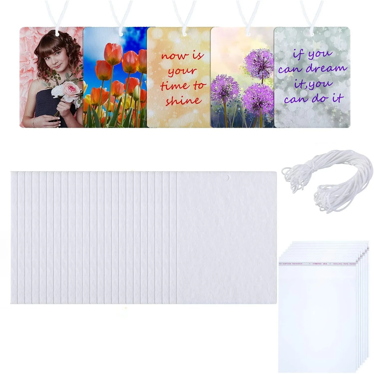 10/30/50/100PCS Sublimation Air Freshener Blanks – DIY Rectangular Hanging Sheets with Packing Bags for Car, Home, and Travel