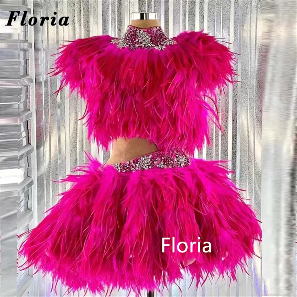 Floria Fuchsia Full Feathers Mini Evening Dresses Beading Two Pieces Set Cocktail Party Dress Luxury Beading Homecoming Dresses