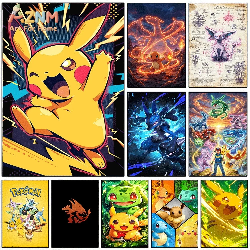 Anime Pokemon Pikachu Lightning Pop‑art Canvas Wall Art, Cheerful Electric Mouse Cartoon Creature Frameless Canvas Painting fo