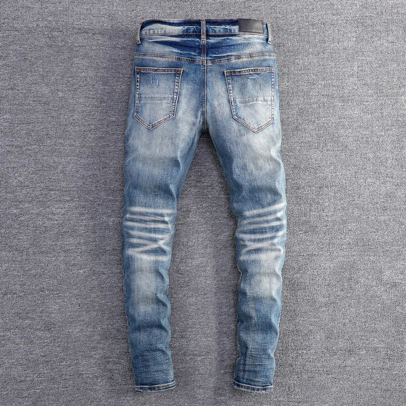 Designer Fashion New Men's Jeans with Water Washed Elastic Slimming Patchwork. Retro Blue Jeans High Street Hip Hop Brand High Q