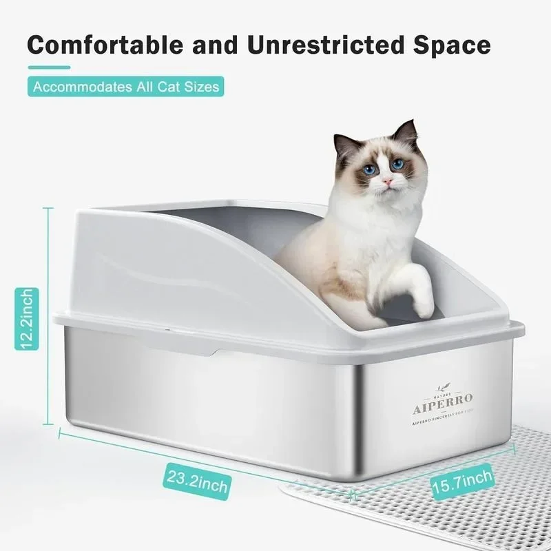 Enclosed Cat Litter Box Stainless Steel with Lid, XL Extra Large Litter Box for Big Cats, Include Cat Mat, Anti-Urine Leakage