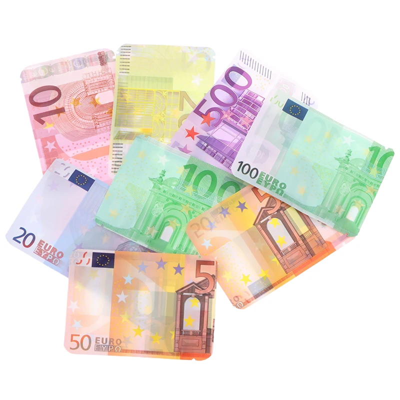 100Pcs 10€ 20€ 50€ 100€ 200€ 500€ Bills Paper Zip Lock Bag With Clear Window 1-3.5G Mylar Small Bag EURO Design Small Pouches