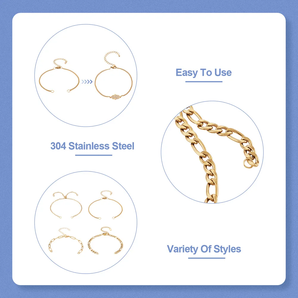 16Pcs 4 Style Adjustable 304 Stainless Steel Chain Link Bracelets Making Charm Slider Chain Jewelry Handmade Findings Gold Color