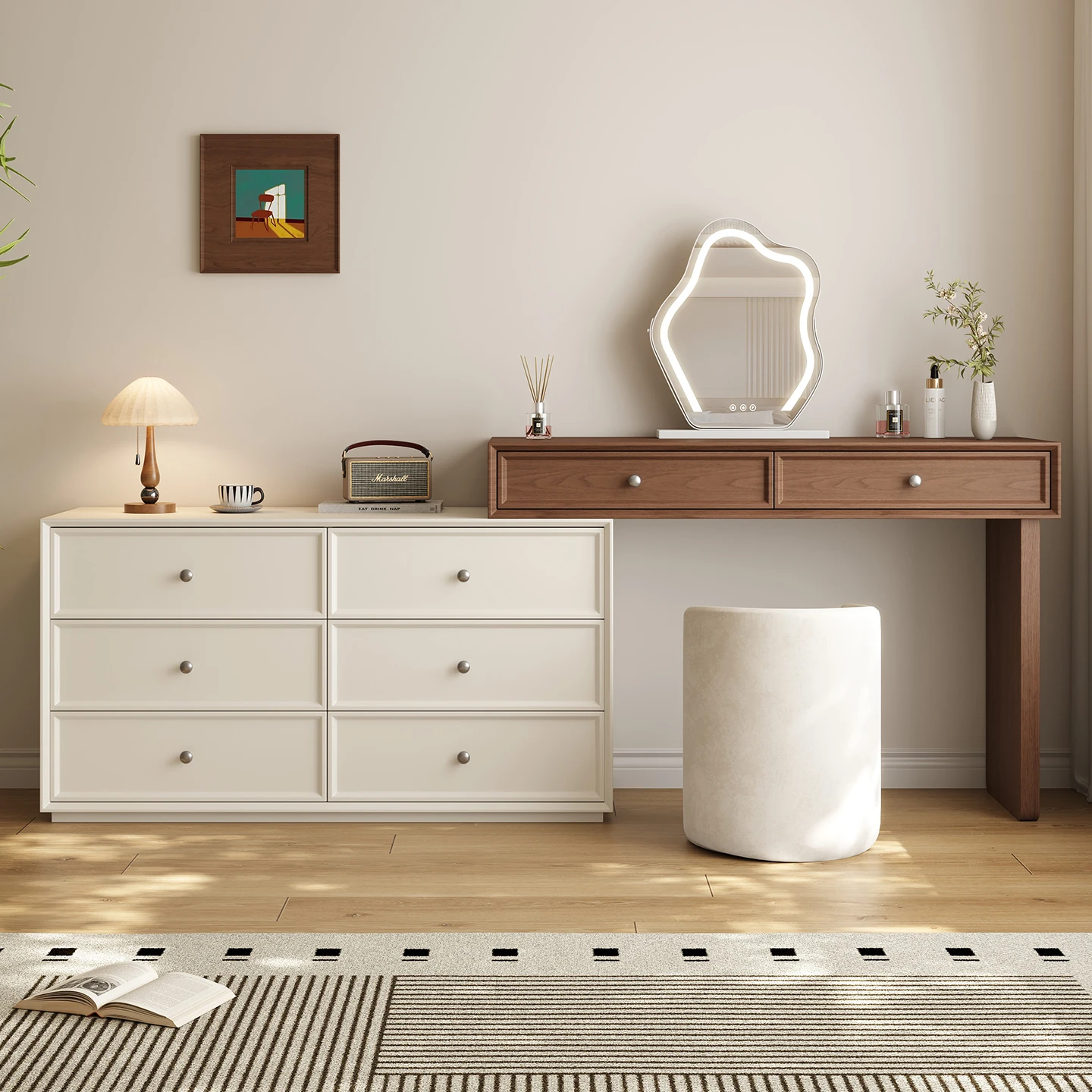 Wooden Cream Style Bedroom Dressing Table with Multi-Layer Panel Storage Cabinet Adjustable Desktop Makeup Table Cloud Mirror