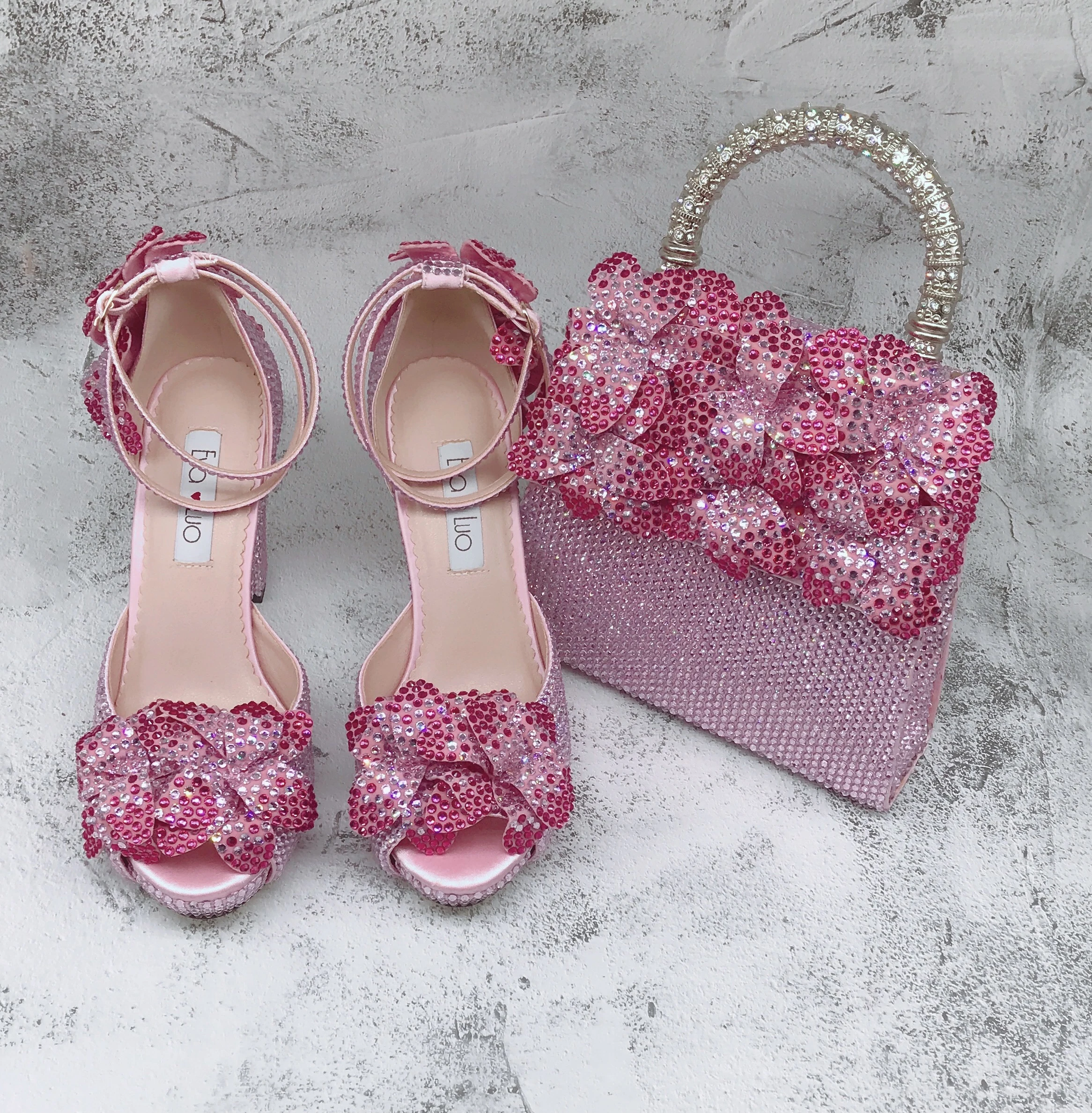 BS1733 Luxury Custom Made Pink Rhinestone Flower African Italian Shoes And Bag Set For Birthday Wedding Party