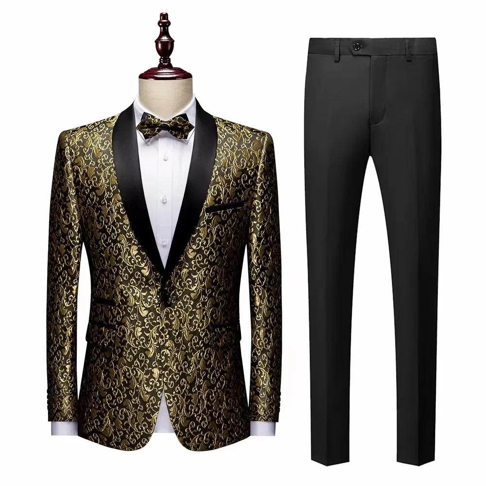 2023 Oversized Men\'s Floral Suit Pants Set, Slim Fitting Wedding Groom Dress, Banquet Stage Outfit