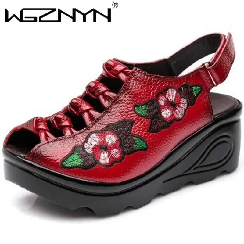 Fashion Genuine Leather Embroidery Sandals for Women 2025 New Retro Casual Summer Platform Sandals Women Wedges High Heel Shoes