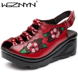 Fashion Genuine Leather Embroidery Sandals for Women 2025 New Retro Casual Summer Platform Sandals Women Wedges High Heel Shoes